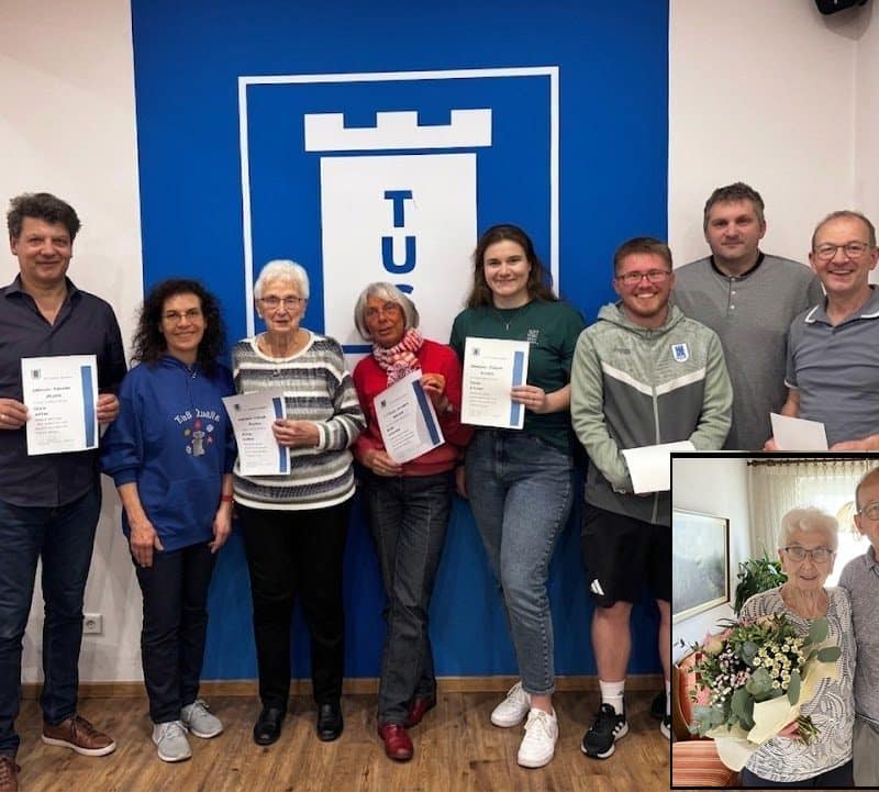 Bildzeile (v. l.): Jürgen Ludwig (50 Jahre), Vorstandsmitglied Sigrid Höhne-Ludwig, Christa Pankoke (80 Jahre), Ruth Deterling (40 Jahre), Bianca Schröder (25 Jahre), Sören Schmidt (25 Jahre), Vorstandsmitglieder Klaus Heitkämper und Stefan Westermann.