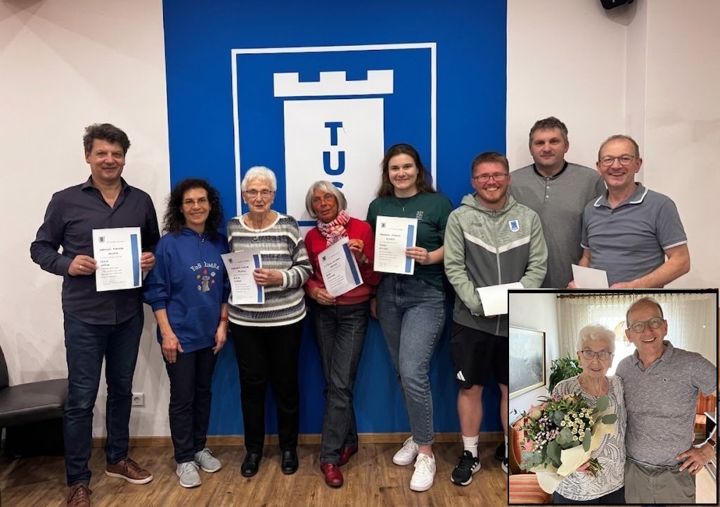 Bildzeile (v. l.): Jürgen Ludwig (50 Jahre), Vorstandsmitglied Sigrid Höhne-Ludwig, Christa Pankoke (80 Jahre), Ruth Deterling (40 Jahre), Bianca Schröder (25 Jahre), Sören Schmidt (25 Jahre), Vorstandsmitglieder Klaus Heitkämper und Stefan Westermann.